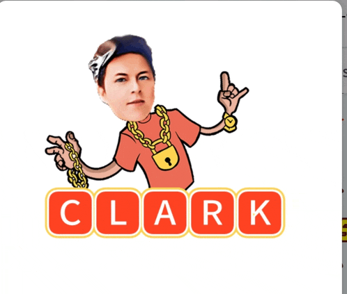 a cartoon of a man wearing a chain around his neck with the name clark written below him