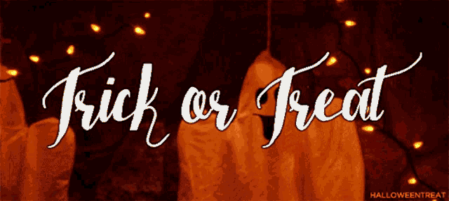 a trick or treat sign with ghosts and lights in the background
