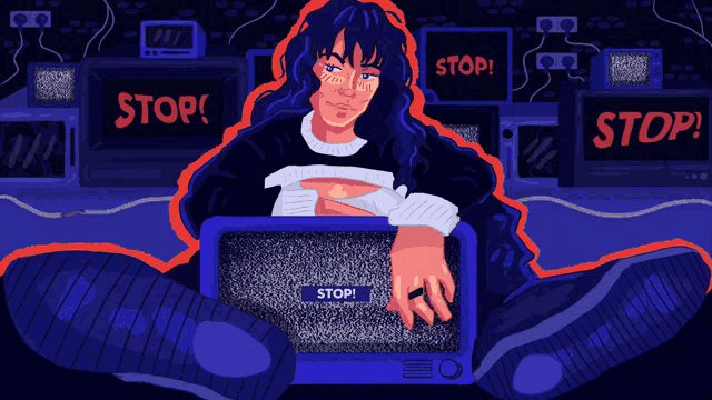 an illustration of a woman sitting in front of a screen that says " stop "