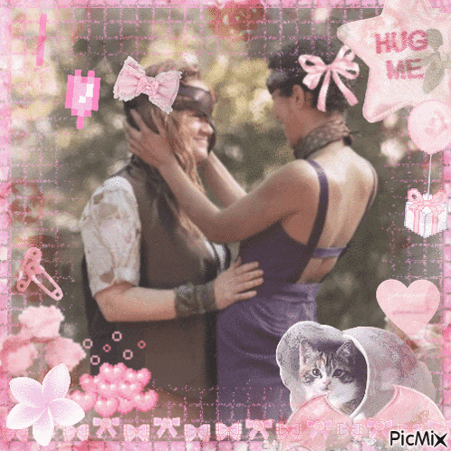 a picture of two women hugging with a pink star that says " hug me "