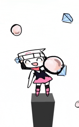 a drawing of a girl standing on top of a block with diamonds flying around her .