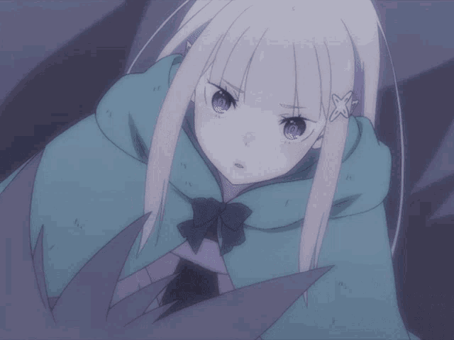 a girl with white hair and purple eyes is wearing a purple cape