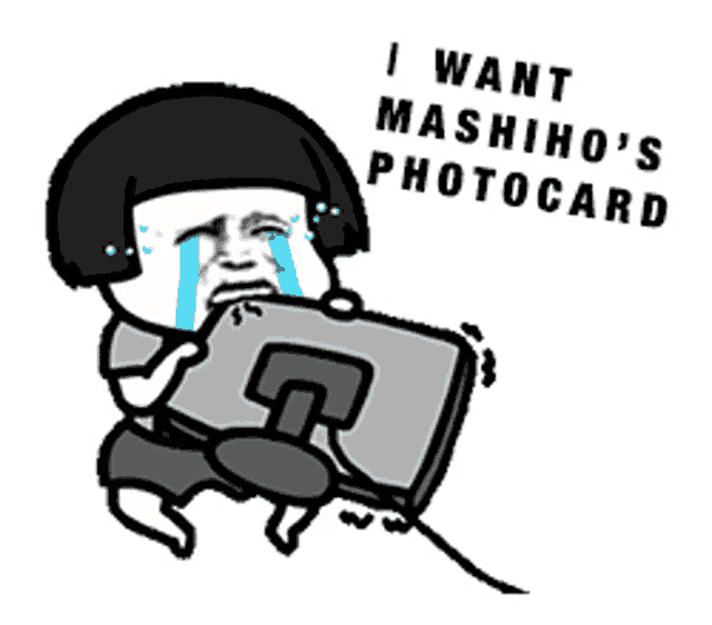 a cartoon of a man crying while holding a suitcase that says i want mashiho 's photocard