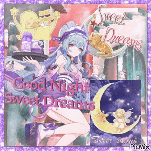 a picture of a girl holding a tray with the words good night sweet dreams