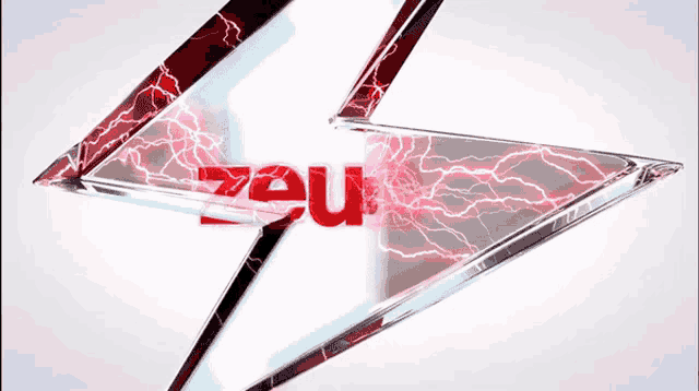 a red lightning bolt with the word zeus in red letters