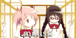 a couple of anime girls standing next to each other with the word millish written on the bottom