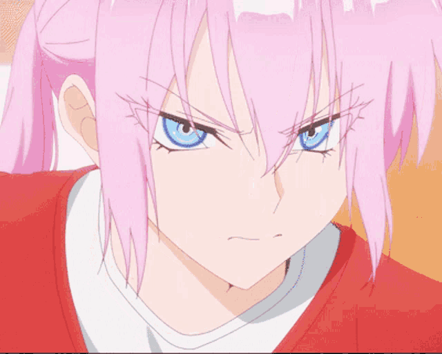 a girl with pink hair and blue eyes has an angry expression on her face