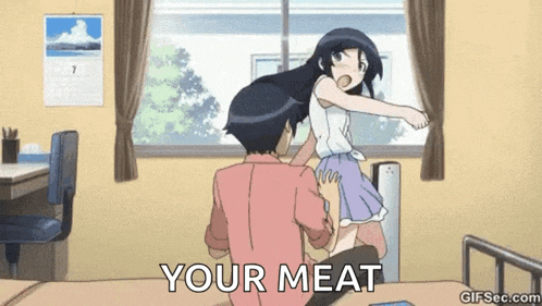a man is sitting on a bed next to a girl with the words your meat written on the bottom .