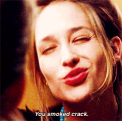 a close up of a woman 's face with the words " you smoked crack " on the bottom