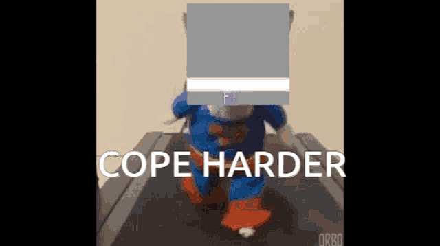 a teddy bear in a superman costume is running on a treadmill with the caption cope harder