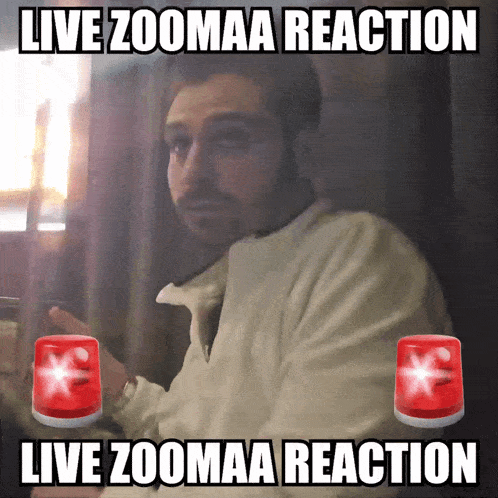 a man with a beard is sitting in front of a sign that says live zoomaa reaction