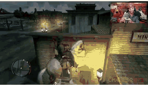 a video game screen shows a man riding a horse and a sign that says min