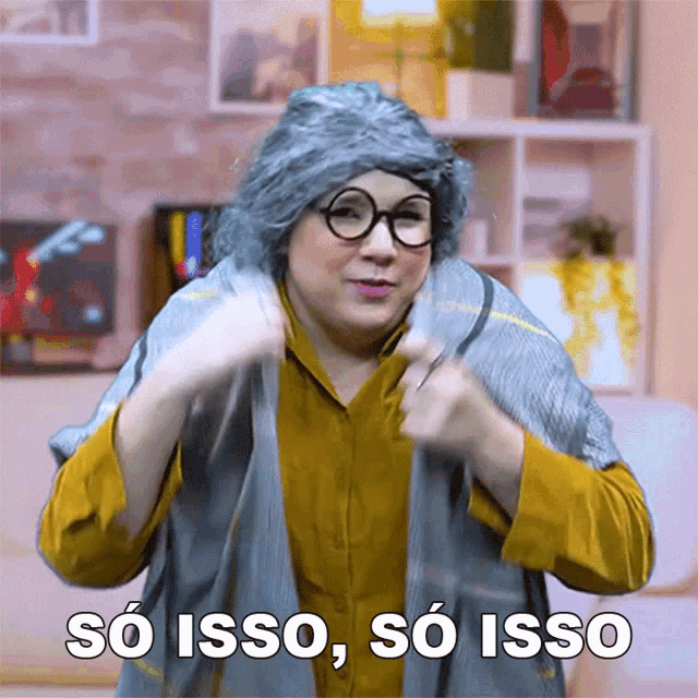 a woman wearing a wig and glasses says so isso