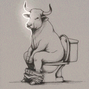 a drawing of a bull sitting on a toilet with his pants down