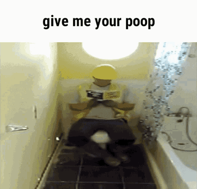a man wearing a yellow hard hat is sitting on a toilet with the words give me your poop below him