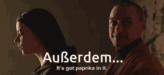 a man and a woman standing next to each other with the words auberdem it 's got paprika in it below them