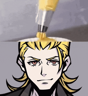 a drawing of a man 's face with yellow hair and red eyes