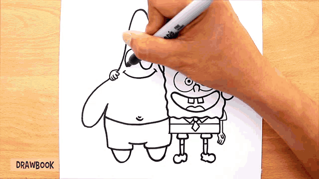 a person is drawing spongebob and patrick on a piece of paper that says drawbook
