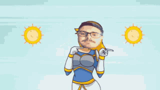 a cartoon of a man with glasses and a mustache standing in front of two suns