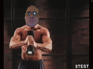 a shirtless man is lifting a dumbbell with a dollar sign in the corner