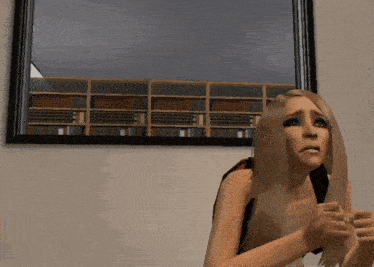 a computer generated image of a woman in front of a library