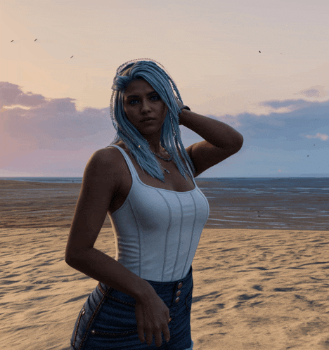 a woman with blue hair and a white tank top is standing on a beach