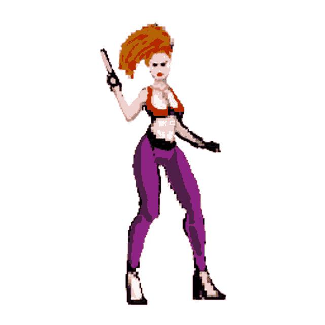 a pixel art of a woman holding a gun in her hand
