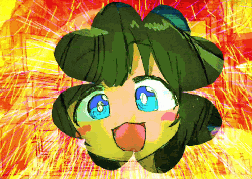 a colorful drawing of a girl with blue eyes and green hair