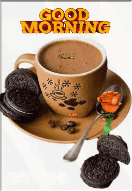 a cup of coffee on a saucer with good morning written on the top