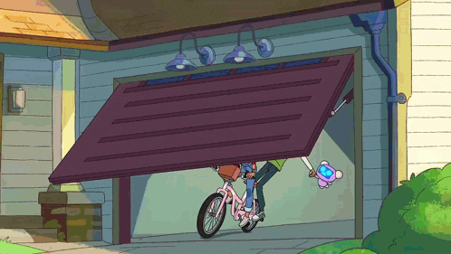 a cartoon of a person riding a bike in a garage
