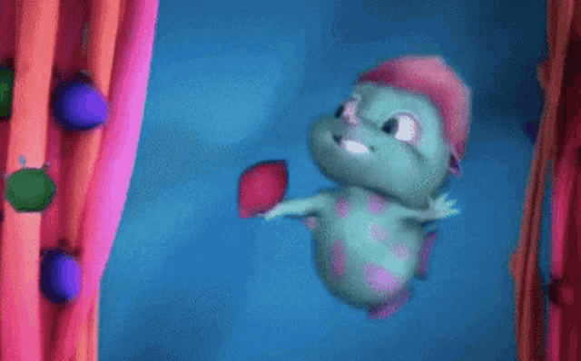 a cartoon character is flying through the air holding a leaf