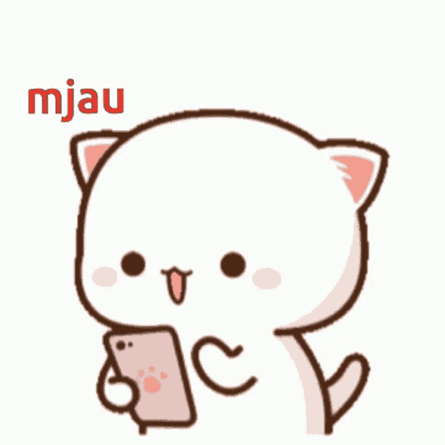 a cartoon cat is holding a pink phone with three red hearts above it and the word mjau below it