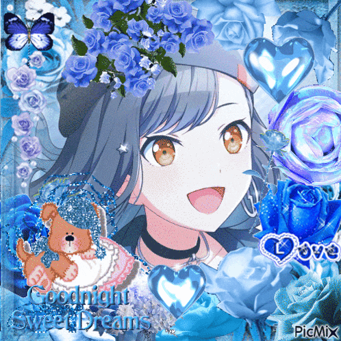 a picture of a girl surrounded by blue flowers and hearts with the words goodnight sweet dreams