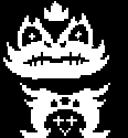 a black and white pixel art of a monster with a crown on his head .