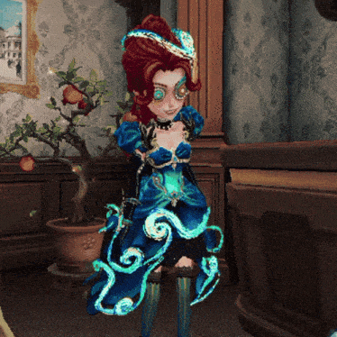 a cartoon character in a blue dress is standing in a room with a potted plant