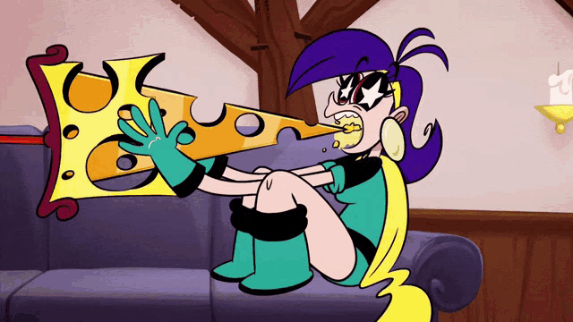 a cartoon character is sitting on a couch and eating a large piece of cheese