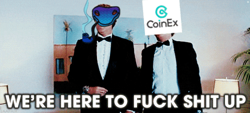 two men standing next to each other with a coinex logo on their head
