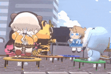 a cartoon character is standing on a trampoline