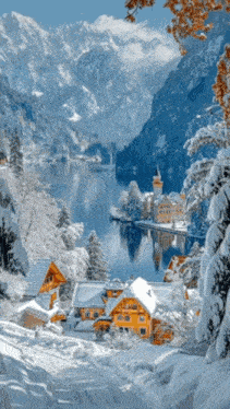 a snowy mountain landscape with a lake and houses in the foreground