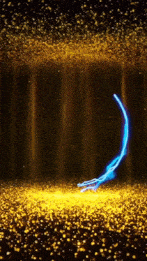 a blue light is coming out of the ground in a dark room surrounded by gold glitter .