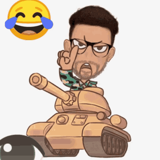 a cartoon drawing of a man in a tank with a smiley face behind him
