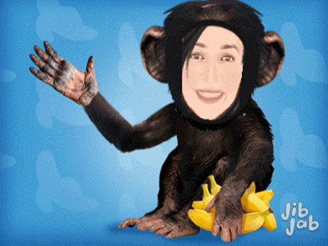 a picture of a chimpanzee with a woman 's face and jib jab written below it