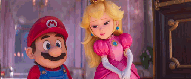 mario and princess peach are standing next to each other and looking at each other