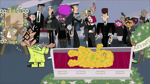 a group of cartoon characters are gathered around a coffin with a sign that says farewell