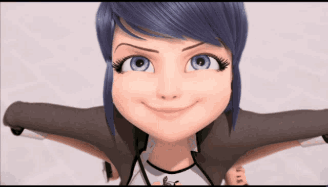a cartoon girl with blue hair and blue eyes smiles