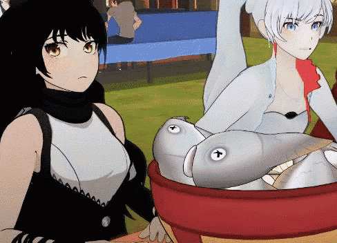 two anime girls are standing next to a bowl of fish ..