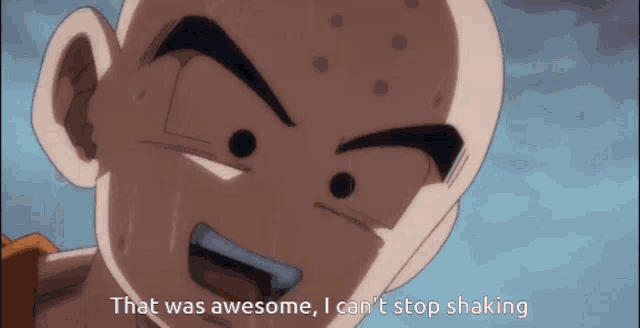 a cartoon character with the words that was awesome i can 't stop shaking