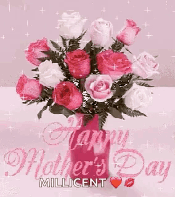 a bouquet of pink and white roses in a pink vase with the words `` happy mother 's day '' .