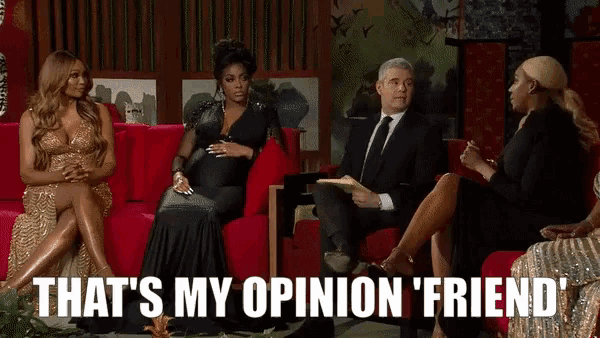 a group of people sitting on a couch with the words that 's my opinion ' friend written below them