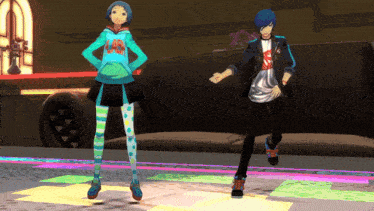 a boy and a girl are dancing in a video game with the girl wearing a hoodie that says lab